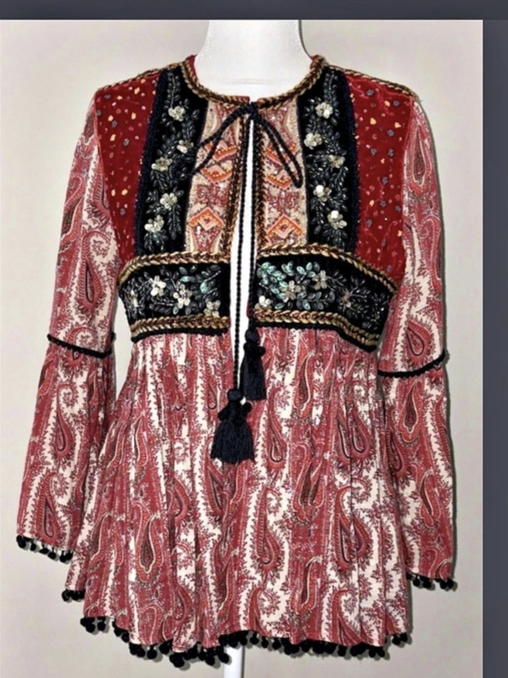 Zara Paisley Embellished Blouse in Red & Black Size Medium